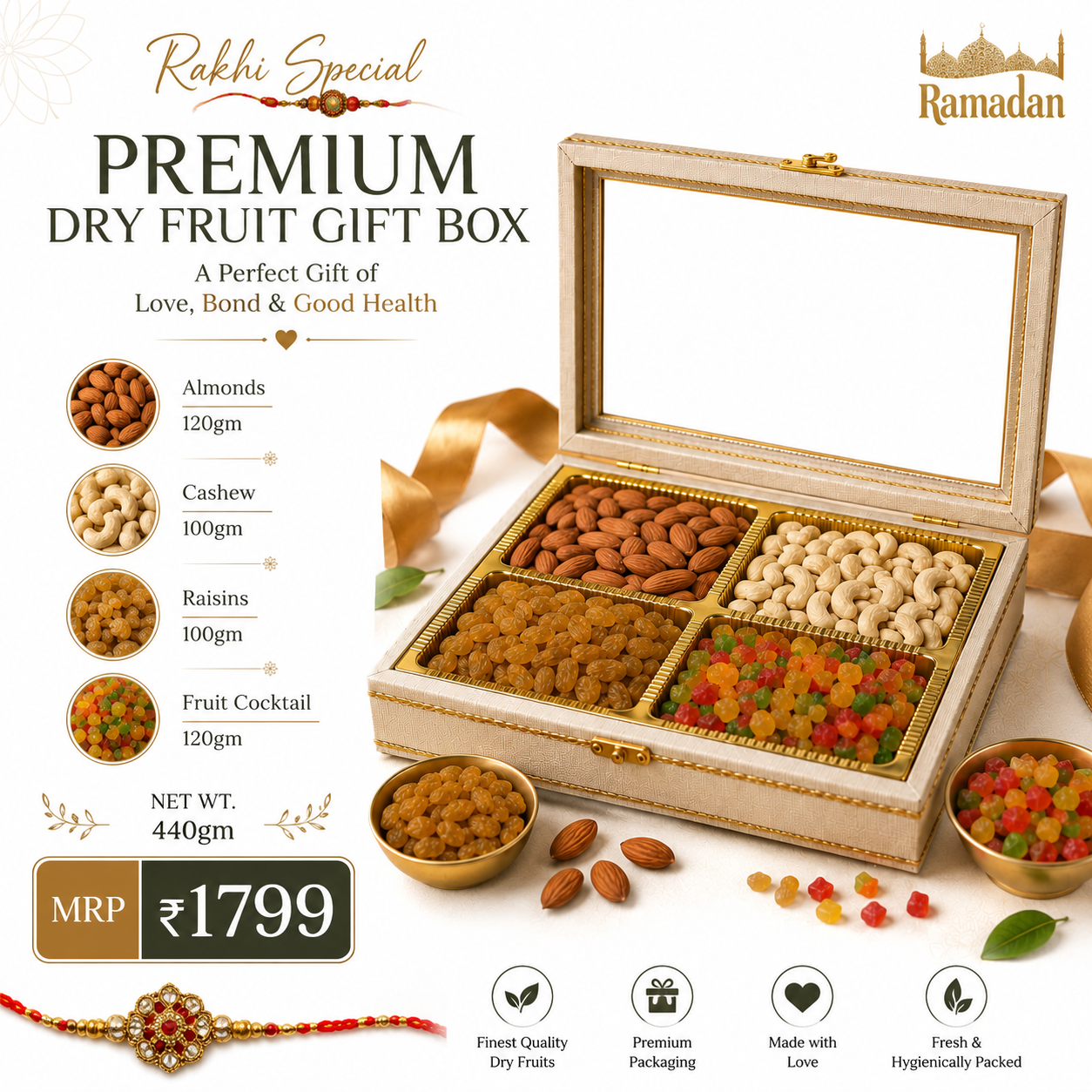 Rakhi Royal Treasure Dry Fruit Gift Box with Almonds Cashews Raisins and Fruit Cocktail