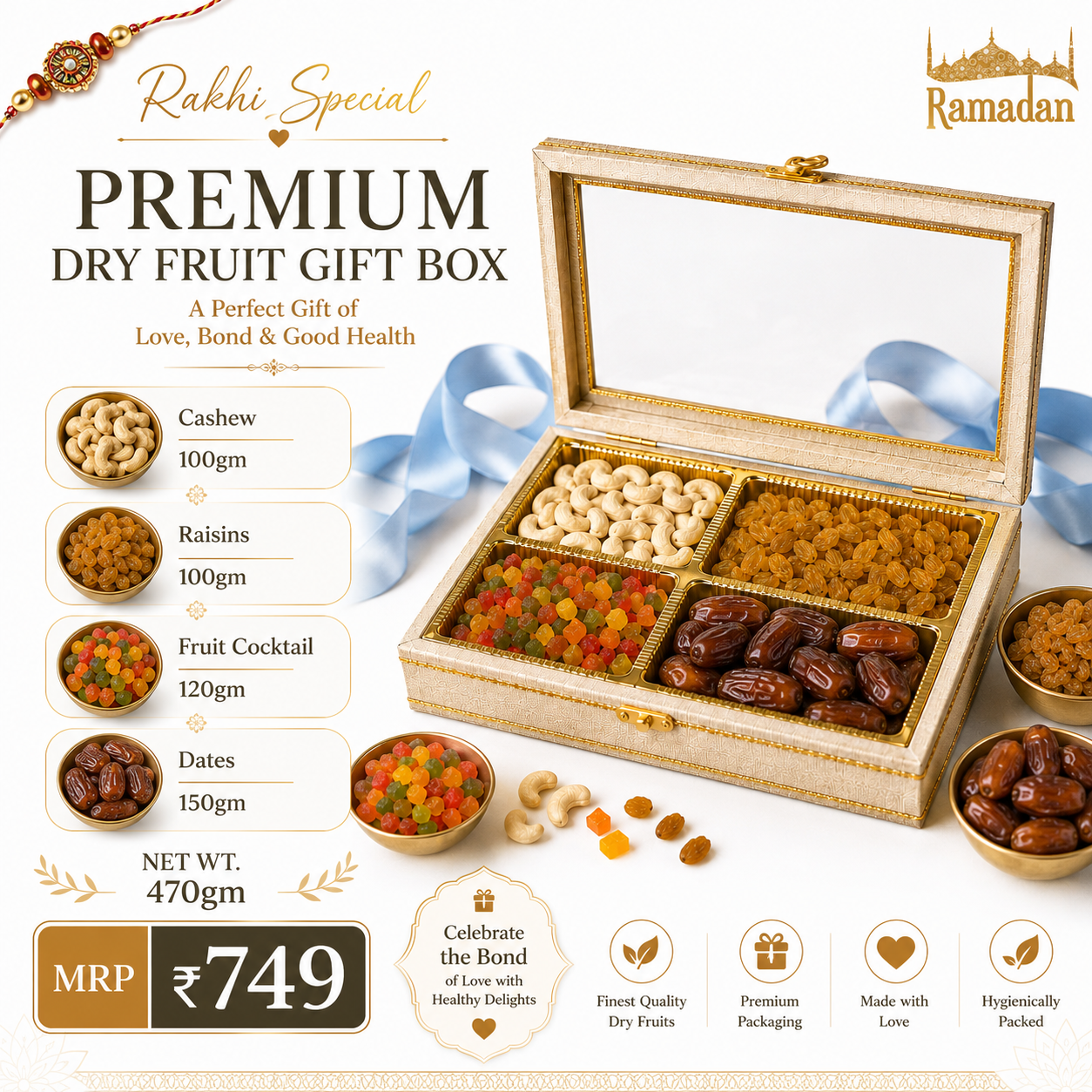 Rakhi Dry Fruit Gift Box with Cashews Raisins Dates and Fruit Cocktail 470g