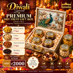 Diwali Premium Dry Fruit Gift Box – 675g | Kesar Almonds, Flavored Almonds, Cashew & Black Berry
