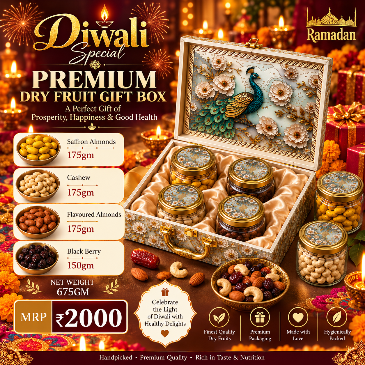 Diwali Premium Dry Fruit Gift Box – 675g | Kesar Almonds, Flavored Almonds, Cashew & Black Berry