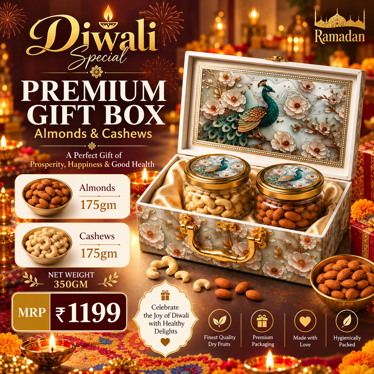 Diwali Special Premium Almonds & Cashews Gift Box 350g | Festival Dry Fruit Gift Hamper