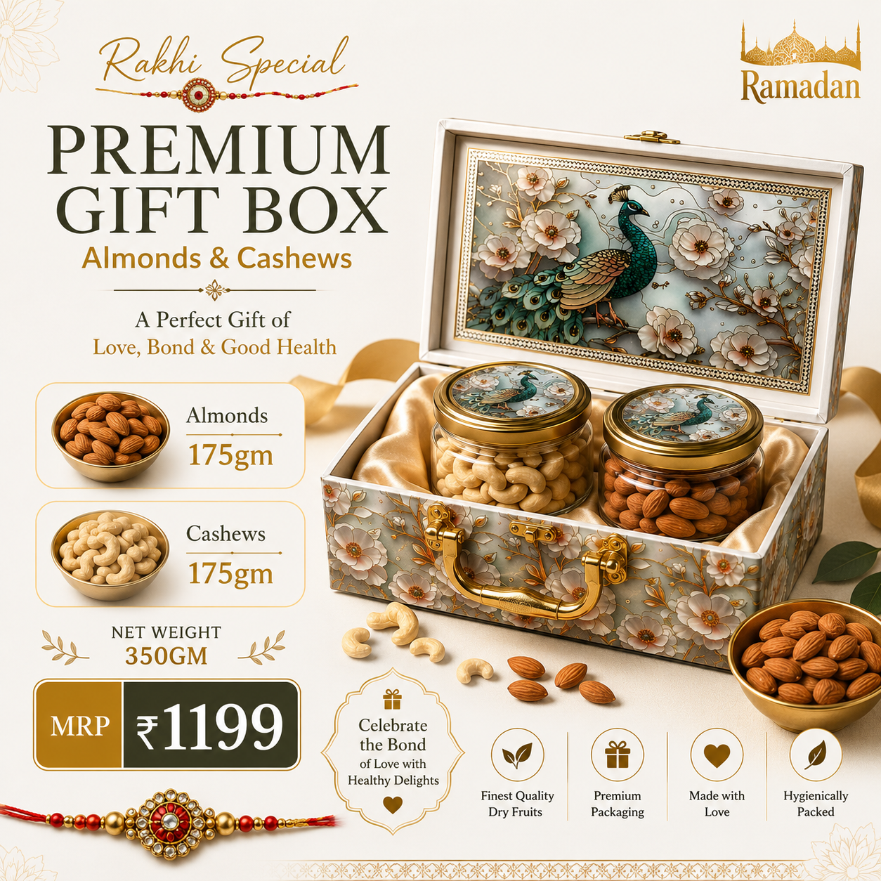 Rakhi Special Premium Almonds & Cashews Gift Box 350g | Raksha Bandhan Dry Fruit Gift Hamper