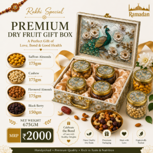 Raksha Bandhan Premium Dry Fruit Gift Box – 675g | Kesar Almonds, Flavored Almonds, Cashew & Black Berry