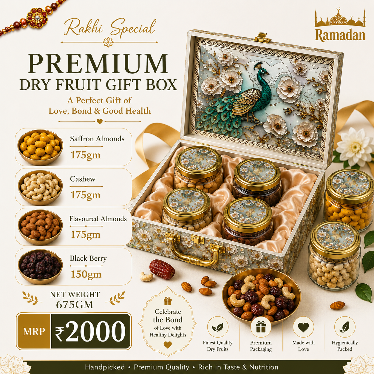 Raksha Bandhan Premium Dry Fruit Gift Box – 675g | Kesar Almonds, Flavored Almonds, Cashew & Black Berry