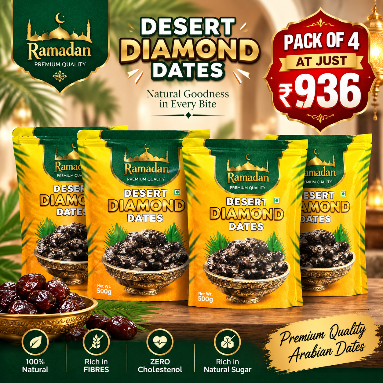 Ramadan Desert Diamond Dates – Pack of 4 (2kg) | Premium Quality Khajoor | Naturally Sweet & Rich in Fibre | Family Value Pack